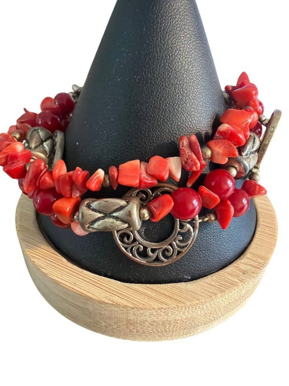 Premier Designs Red Coral Chip Nugget Bracelet Silver Tone Multi Strand 7" 8"